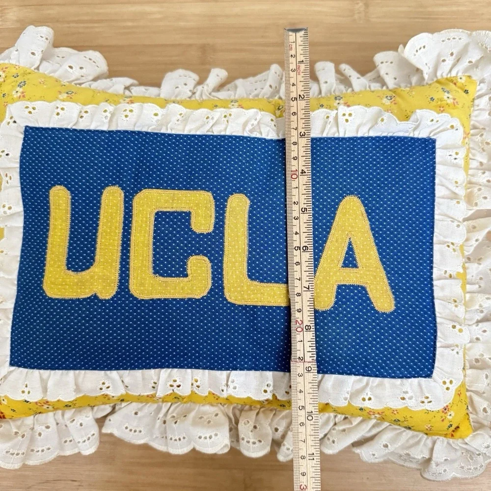 UCLA Floral Ruffle Pillow Cottage Yellow Blue Handmade Feminine